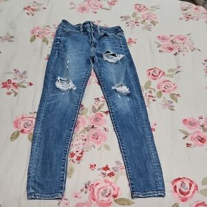 American Eagle Outfitters Blue Skinny Distressed Jeans SIZE 2 SUPER HIGH RISE